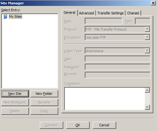 Filezilla site manager