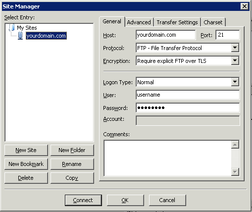 Filezilla site manager - account configuration