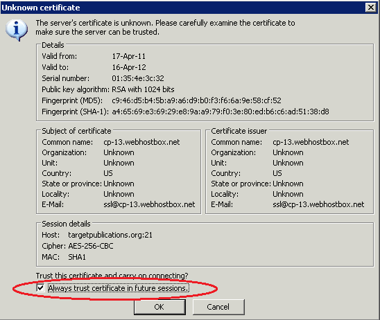 Filezilla certificate warning