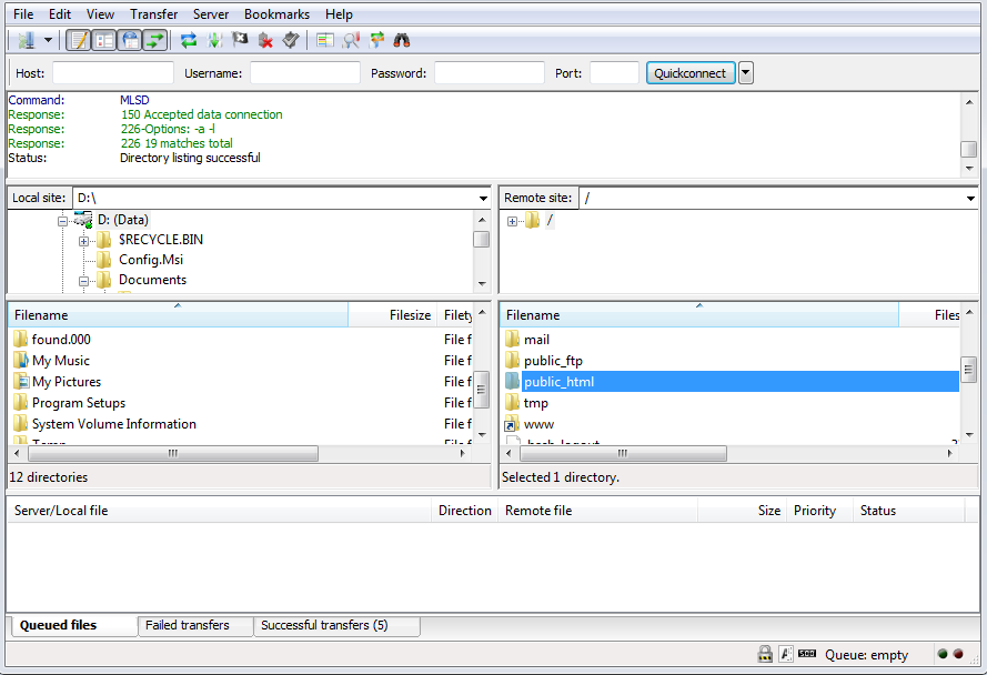 Filezilla connected to Linux ftp account