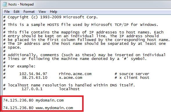 windows hosts file sample screenshot
