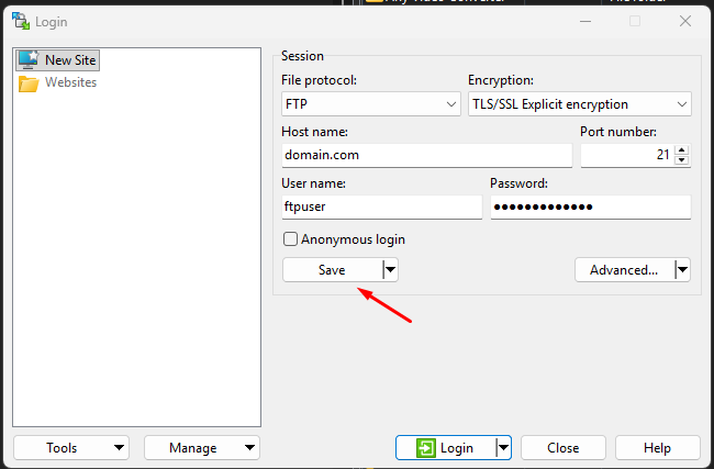 WinSCP Connection configuration dialogue box